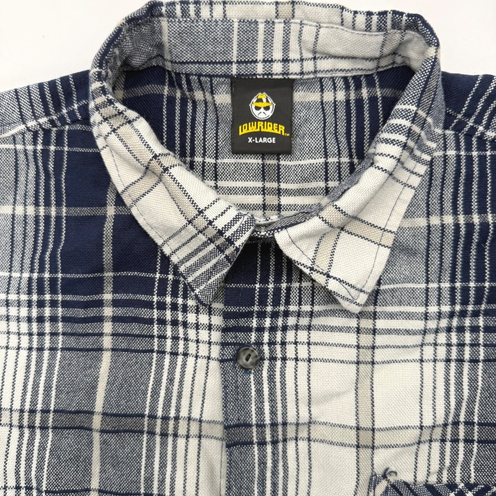 Lowrider Button Up Shirt Mens XL Navy Grey Plaid Short Sleeve Streetwear 8001